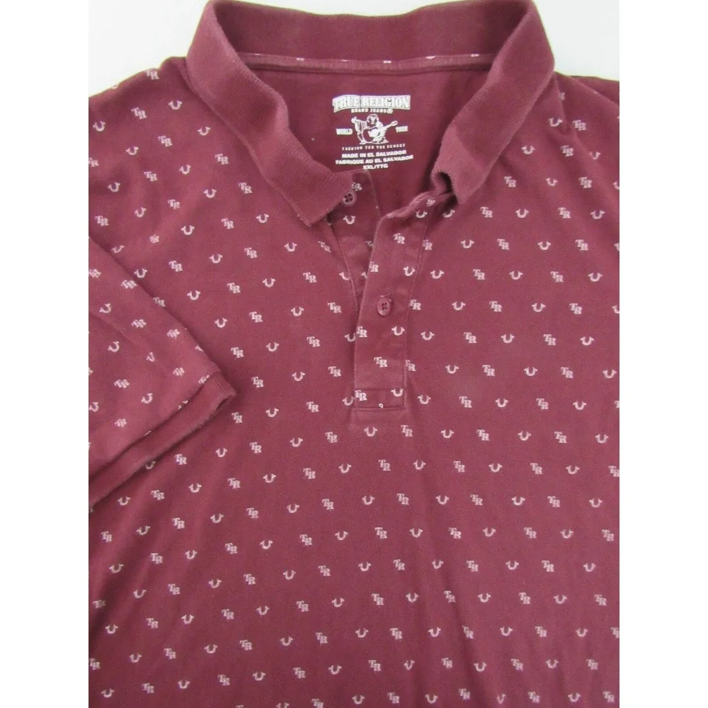 Vintage True Religion Monogram Burgundy Polo Shirt Sz L 100% Cotton Distress